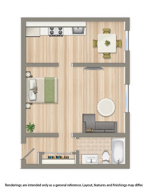 Floor plan for studio, 1 bath, 600 sqft